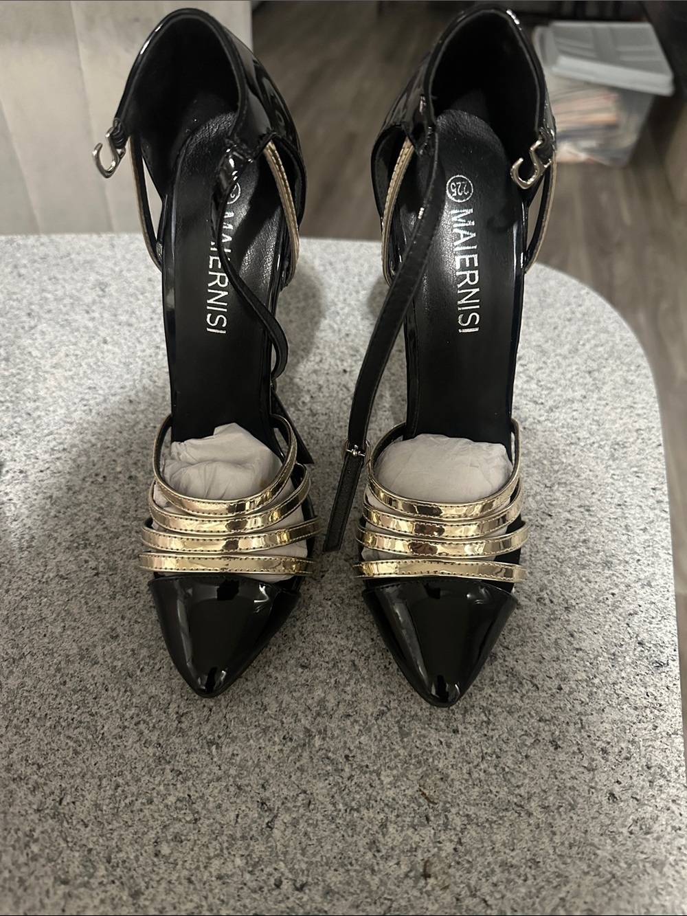 Maifernisi Women's Black Patent Leather Pointed Toe Heels with Gold Straps